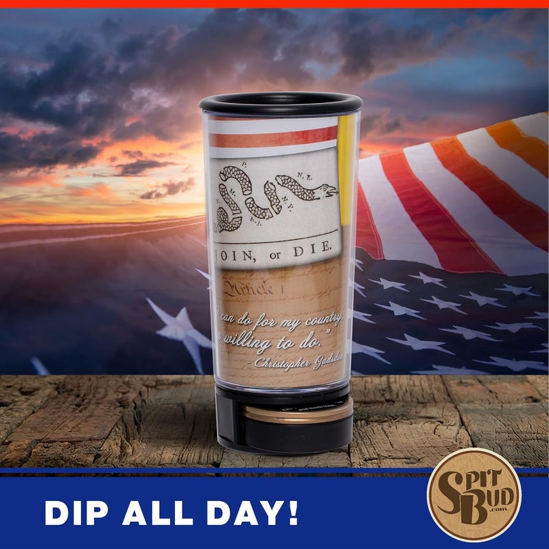 Spit Bud Join or Die The Ultimate Spittoon for Chew - Portable Dip & Snuff Cup with Lid, Pop Tab, Spill-Proof Funnel, Can Cutter & Holder - Fit in Cup Holders - Holds 8oz - Made in USA - Image 3